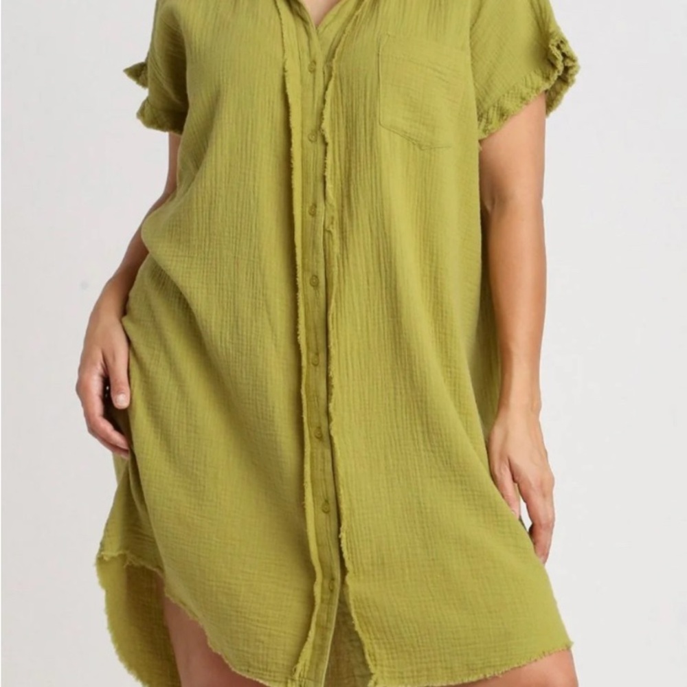 UMGEE Yellow-Green Textured Gauze Button-Down Mini Shirt Dress - XLarge